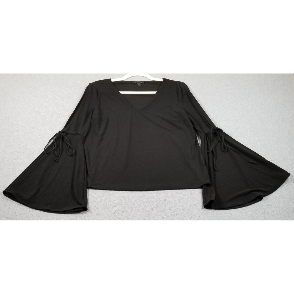 Express Top Womens S Small Black V-Neck‎ Tie Cuff Blouse Stretch Goth Going Out